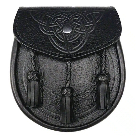 Leather Sporran with Embossed Front and Braided Tassels